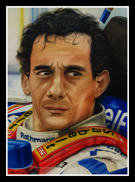 Close portrait of Ayrton Senna in his WilliamsRenault Imola May 1st 1994